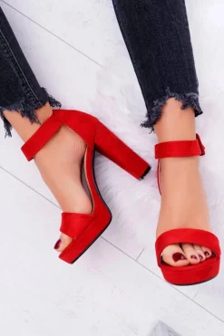 Sandały Na Obcasie>Boto Sandały Damskie Na Obcasie Słupku Zamsz Czerwone ShakeUp