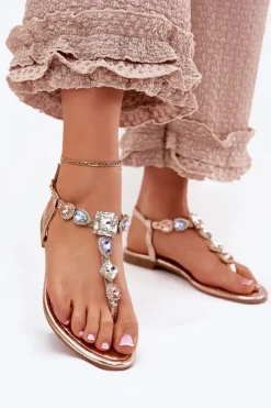 Sandały Płaskie>Boto Sandały Damskie Na Płaskim Obcasie Z Kryształkami Różowe Złoto Fiolalia Złoty