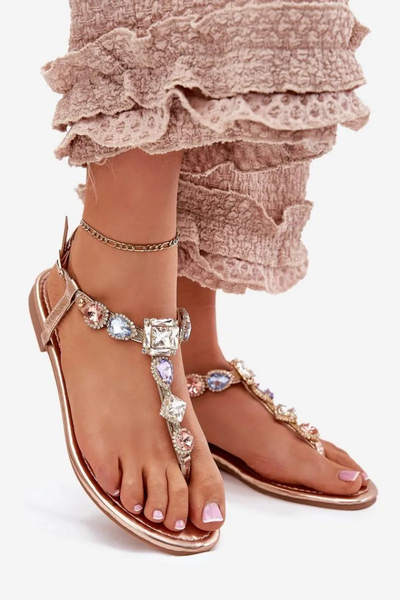 Sandały Płaskie>Boto Sandały Damskie Na Płaskim Obcasie Z Kryształkami Różowe Złoto Fiolalia Złoty