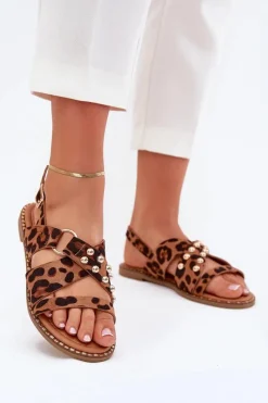 Sandały Płaskie>Boto Sandały Damskie Na Płaskim Obcasie Ze Złotymi Ćwiekami Panterka Zanira Brązowy