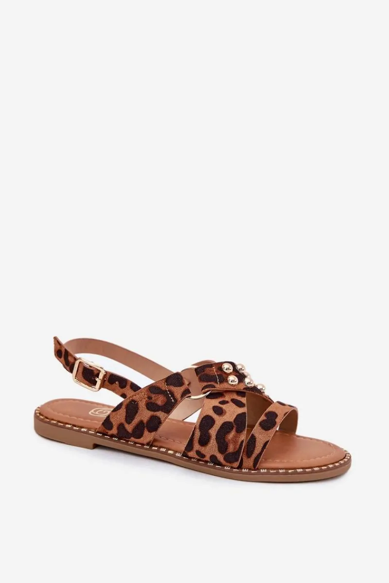 Sandały Płaskie>Boto Sandały Damskie Na Płaskim Obcasie Ze Złotymi Ćwiekami Panterka Zanira Brązowy