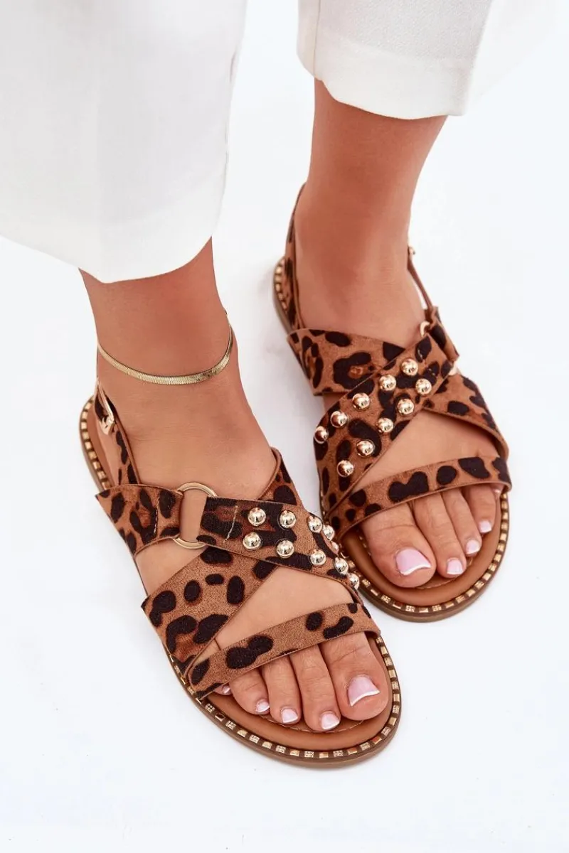 Sandały Płaskie>Boto Sandały Damskie Na Płaskim Obcasie Ze Złotymi Ćwiekami Panterka Zanira Brązowy