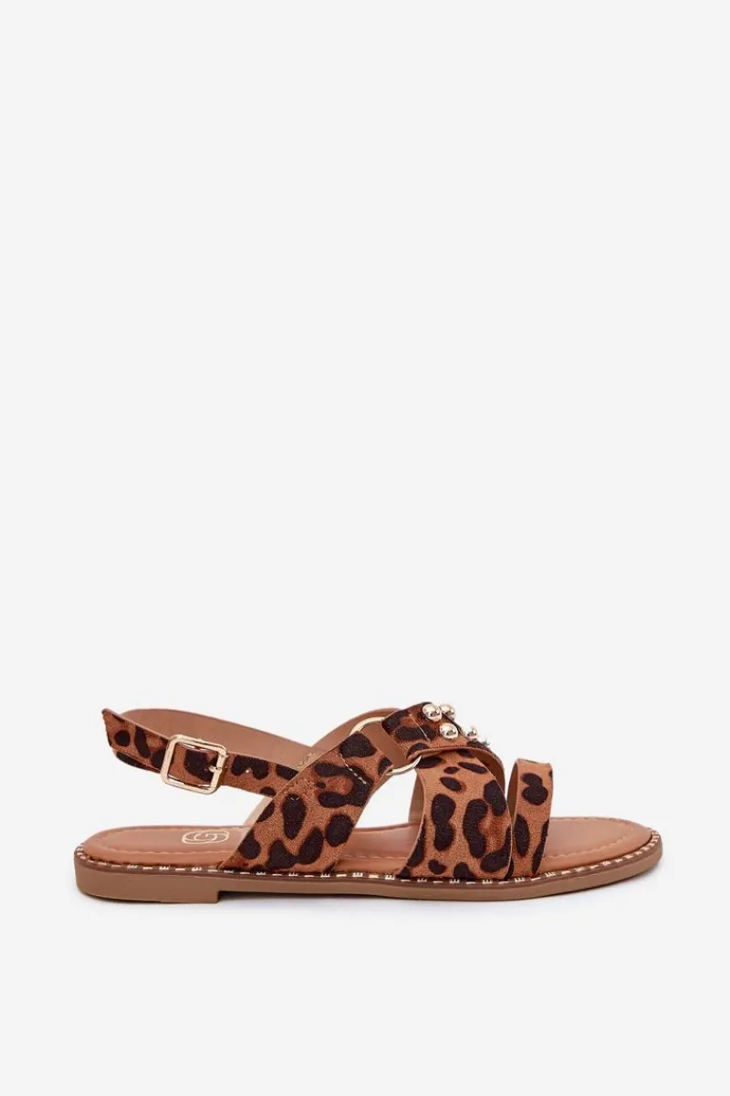 Sandały Płaskie>Boto Sandały Damskie Na Płaskim Obcasie Ze Złotymi Ćwiekami Panterka Zanira Brązowy