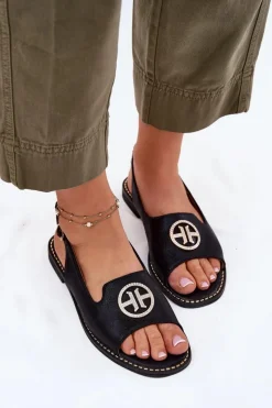 Sale Damskie buty S.Barski Sandały Damskie Na Płaskim Obcasie Z Ozdobą S.Barski KV51-002 Czarne Czarny