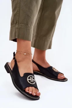 Sale Damskie buty S.Barski Sandały Damskie Na Płaskim Obcasie Z Ozdobą S.Barski KV51-002 Czarne Czarny