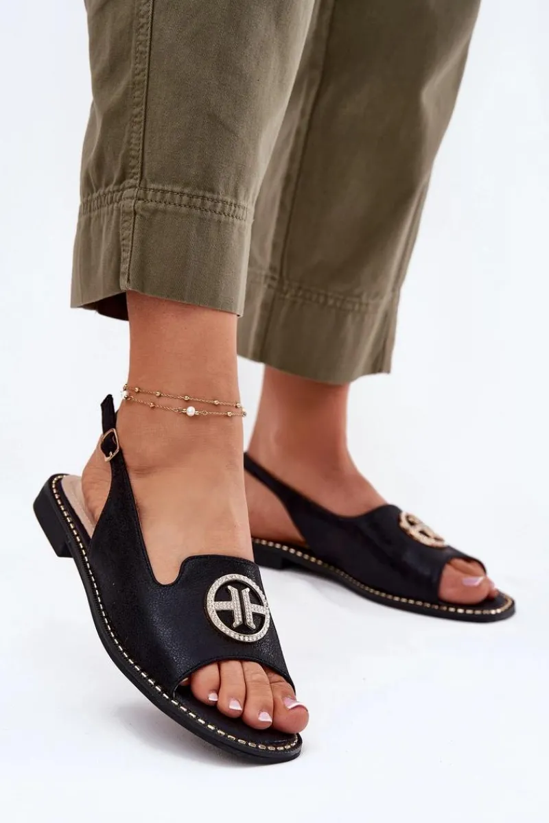 Sale Damskie buty S.Barski Sandały Damskie Na Płaskim Obcasie Z Ozdobą S.Barski KV51-002 Czarne Czarny