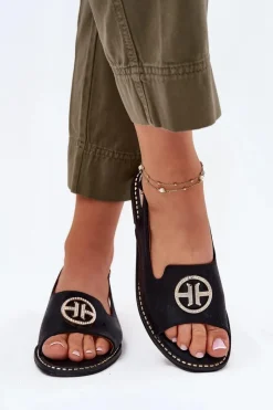 Sale Damskie buty S.Barski Sandały Damskie Na Płaskim Obcasie Z Ozdobą S.Barski KV51-002 Czarne Czarny