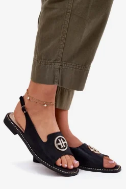 Sale Damskie buty S.Barski Sandały Damskie Na Płaskim Obcasie Z Ozdobą S.Barski KV51-002 Czarne Czarny