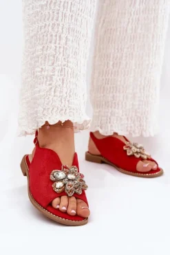 New Damskie buty S.Barski Sandały Damskie Na Płaskim Obcasie Z Ozdobą S.Barski KV27-001 Czerwone Czerwony