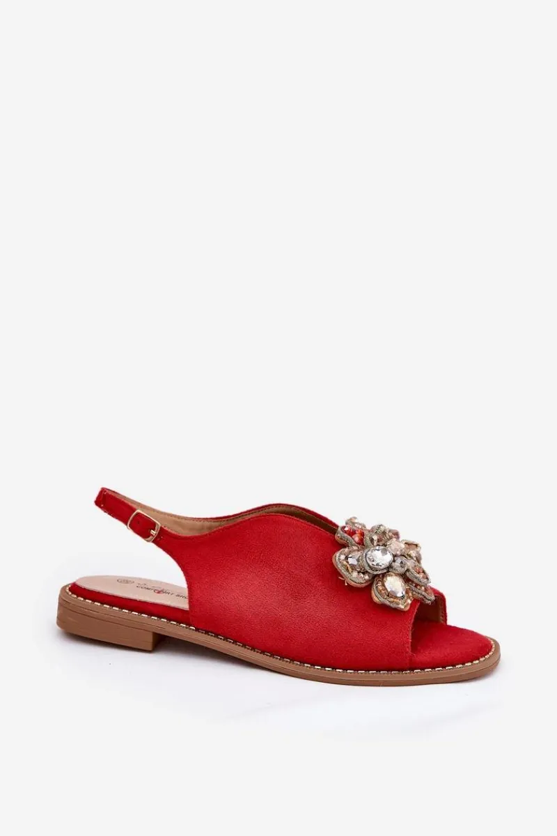 New Damskie buty S.Barski Sandały Damskie Na Płaskim Obcasie Z Ozdobą S.Barski KV27-001 Czerwone Czerwony