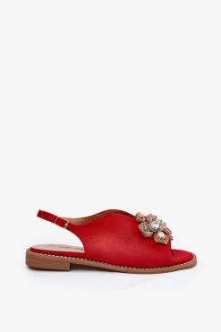 New Damskie buty S.Barski Sandały Damskie Na Płaskim Obcasie Z Ozdobą S.Barski KV27-001 Czerwone Czerwony
