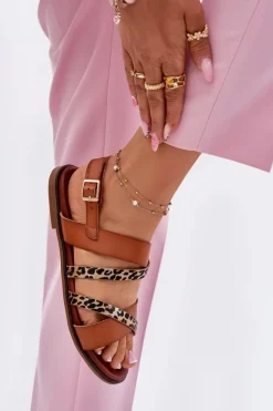 Sale Buty Sergio Leone Sandały Damskie Na Płaskim Obcasie Z Paskami Panterka Sergio Leone SK086H Camel