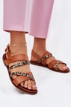 Sale Buty Sergio Leone Sandały Damskie Na Płaskim Obcasie Z Paskami Panterka Sergio Leone SK086H Camel