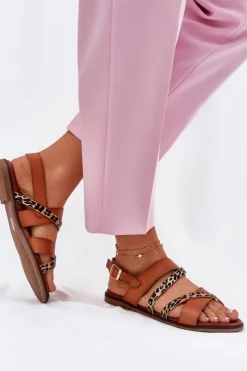 Sale Buty Sergio Leone Sandały Damskie Na Płaskim Obcasie Z Paskami Panterka Sergio Leone SK086H Camel