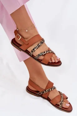 Sale Buty Sergio Leone Sandały Damskie Na Płaskim Obcasie Z Paskami Panterka Sergio Leone SK086H Camel