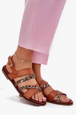 Sale Buty Sergio Leone Sandały Damskie Na Płaskim Obcasie Z Paskami Panterka Sergio Leone SK086H Camel