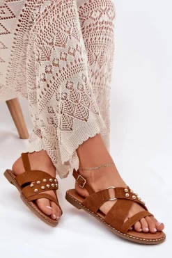 Outlet Boto Sandały Damskie Na Płaskim Obcasie Ze Złotymi Ćwiekami Camel Zanira Brązowy