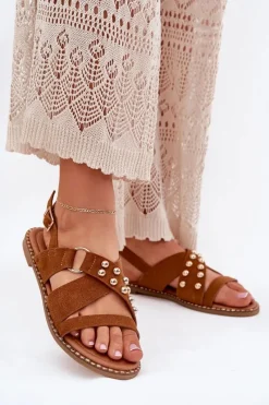 Outlet Boto Sandały Damskie Na Płaskim Obcasie Ze Złotymi Ćwiekami Camel Zanira Brązowy