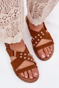 Outlet Boto Sandały Damskie Na Płaskim Obcasie Ze Złotymi Ćwiekami Camel Zanira Brązowy