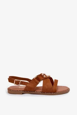 Outlet Boto Sandały Damskie Na Płaskim Obcasie Ze Złotymi Ćwiekami Camel Zanira Brązowy