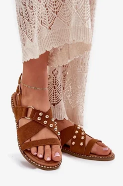 Outlet Boto Sandały Damskie Na Płaskim Obcasie Ze Złotymi Ćwiekami Camel Zanira Brązowy