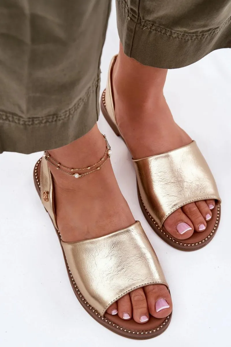 Hot Sandały Damskie Na Płaskim Obcasie Eko Skórzane Złote Dereka Damskie Sandały Płaskie