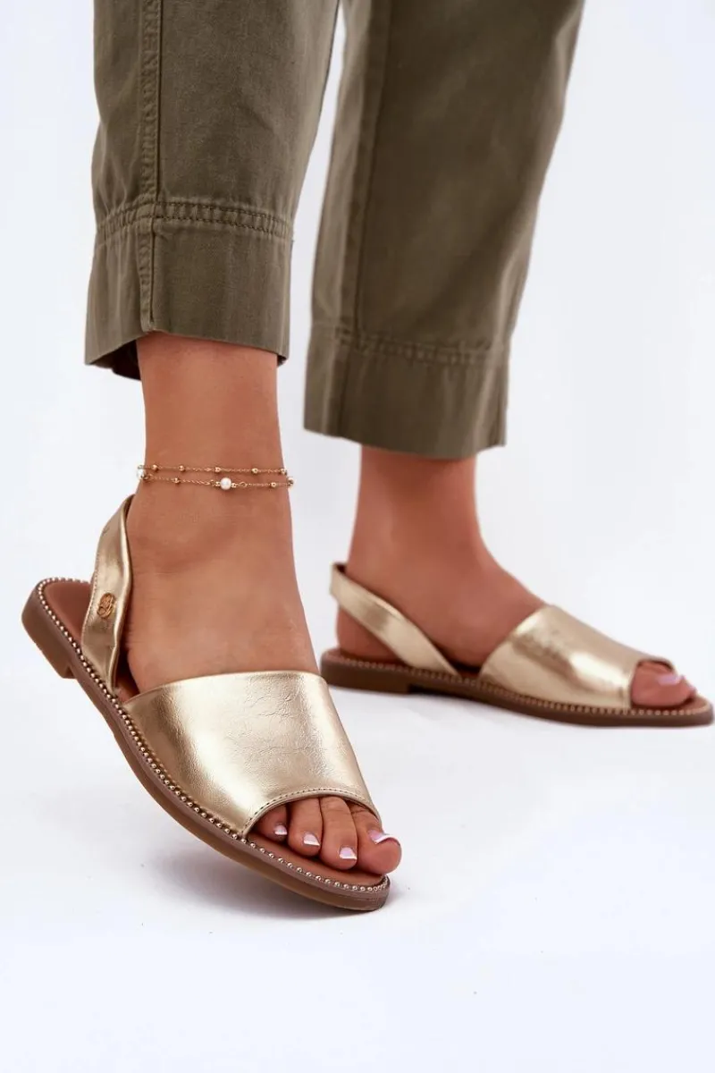 Hot Sandały Damskie Na Płaskim Obcasie Eko Skórzane Złote Dereka Damskie Sandały Płaskie