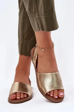 Hot Sandały Damskie Na Płaskim Obcasie Eko Skórzane Złote Dereka Damskie Sandały Płaskie