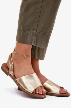 Hot Sandały Damskie Na Płaskim Obcasie Eko Skórzane Złote Dereka Damskie Sandały Płaskie