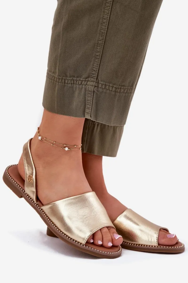 Hot Sandały Damskie Na Płaskim Obcasie Eko Skórzane Złote Dereka Damskie Sandały Płaskie