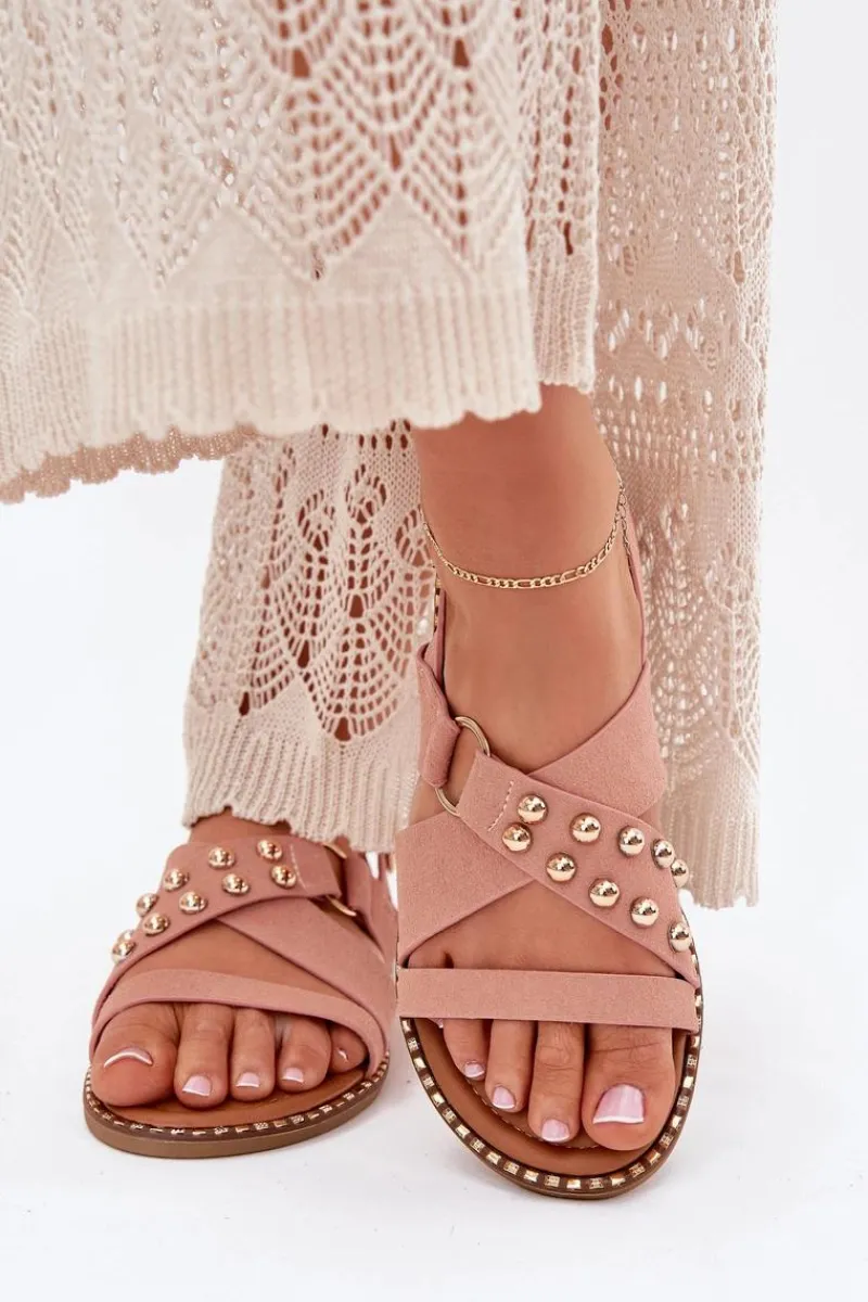 Hot Sandały Damskie Na Płaskim Obcasie Ze Złotymi Ćwiekami Różowe Zanira Damskie Sandały Płaskie