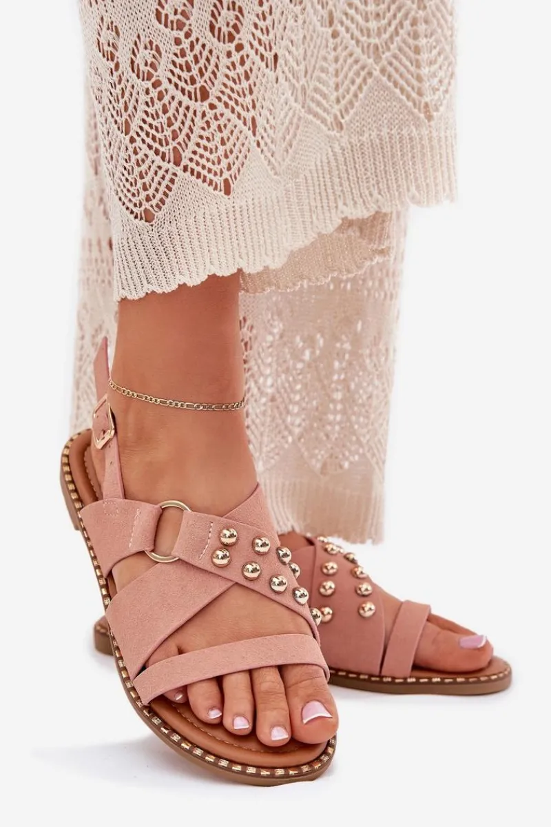 Hot Sandały Damskie Na Płaskim Obcasie Ze Złotymi Ćwiekami Różowe Zanira Damskie Sandały Płaskie