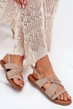 Sale Boto Sandały Damskie Na Płaskim Obcasie Ze Złotymi Ćwiekami Beżowe Zanira Beżowy