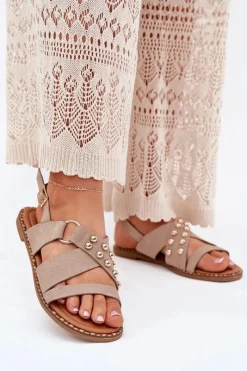 Sale Boto Sandały Damskie Na Płaskim Obcasie Ze Złotymi Ćwiekami Beżowe Zanira Beżowy