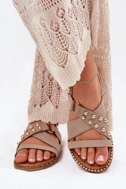 Sale Boto Sandały Damskie Na Płaskim Obcasie Ze Złotymi Ćwiekami Beżowe Zanira Beżowy