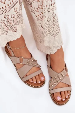 Sale Boto Sandały Damskie Na Płaskim Obcasie Ze Złotymi Ćwiekami Beżowe Zanira Beżowy