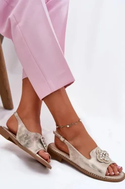 Sale Damskie buty S.Barski Sandały Damskie Na Płaskim Obcasie Z Ozdobnym Detalem S.Barski KV51-080 Złote Złoty