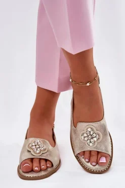 Sale Damskie buty S.Barski Sandały Damskie Na Płaskim Obcasie Z Ozdobnym Detalem S.Barski KV51-080 Złote Złoty