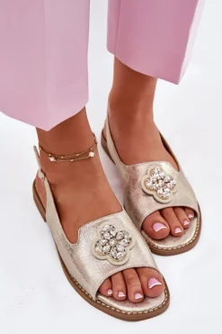 Sale Damskie buty S.Barski Sandały Damskie Na Płaskim Obcasie Z Ozdobnym Detalem S.Barski KV51-080 Złote Złoty