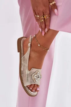 Sale Damskie buty S.Barski Sandały Damskie Na Płaskim Obcasie Z Ozdobnym Detalem S.Barski KV51-080 Złote Złoty