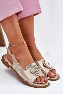 Sale Damskie buty S.Barski Sandały Damskie Na Płaskim Obcasie Z Ozdobnym Detalem S.Barski KV51-080 Złote Złoty
