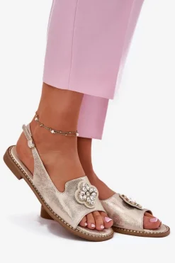 Sale Damskie buty S.Barski Sandały Damskie Na Płaskim Obcasie Z Ozdobnym Detalem S.Barski KV51-080 Złote Złoty