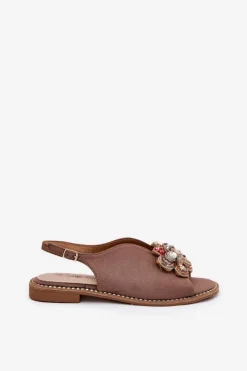 Hot Sandały Damskie Na Płaskim Obcasie Z Ozdobą S.Barski KV27-001 Ciemnobeżowe Damskie Sandały Z Cholewką|Sandały Płaskie