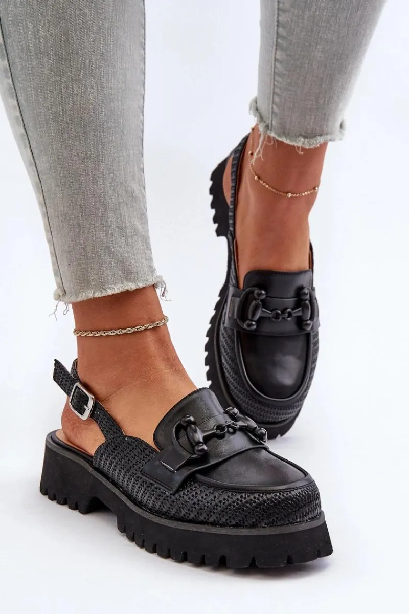 Discount Damskie buty S.Barski Sandały Damskie Na Płaskim Obcasie Z Ozdobą Czarne D&A MR38-656 Czarny