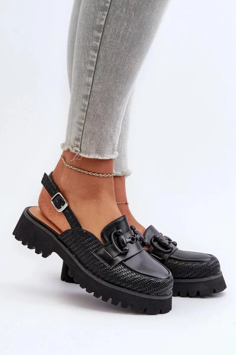 Discount Damskie buty S.Barski Sandały Damskie Na Płaskim Obcasie Z Ozdobą Czarne D&A MR38-656 Czarny