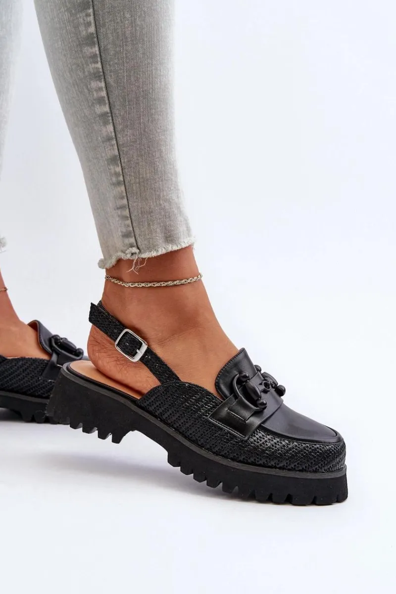 Discount Damskie buty S.Barski Sandały Damskie Na Płaskim Obcasie Z Ozdobą Czarne D&A MR38-656 Czarny