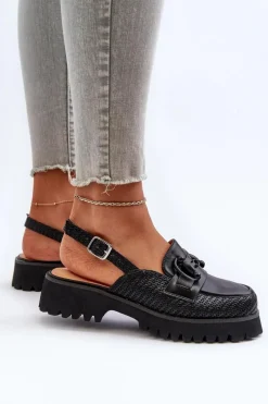 Discount Damskie buty S.Barski Sandały Damskie Na Płaskim Obcasie Z Ozdobą Czarne D&A MR38-656 Czarny