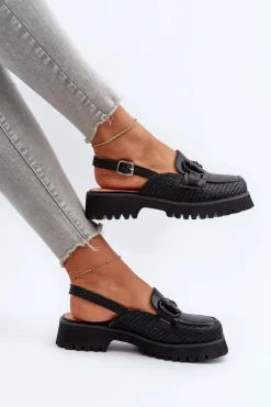 Discount Damskie buty S.Barski Sandały Damskie Na Płaskim Obcasie Z Ozdobą Czarne D&A MR38-656 Czarny