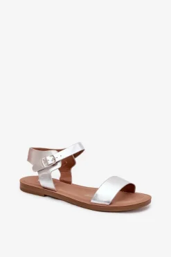 Best Boto Sandały Damskie Na Płaskim Obcasie Eko Skórzane Srebrne Kivara Srebrny