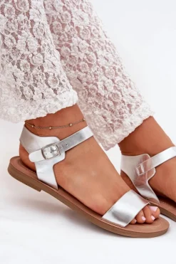 Best Boto Sandały Damskie Na Płaskim Obcasie Eko Skórzane Srebrne Kivara Srebrny